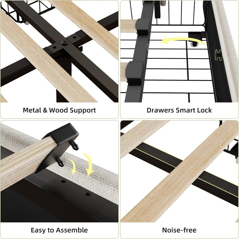 Structure de lit plateforme tapissier avec quatre tiroirs de rangement, Lit double