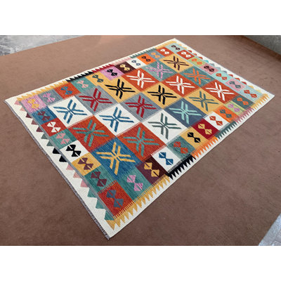 Magnifique kilim en laine fait à la main 6,6 x 9,9 pi de style afghan Soumak, kilim Chobi Maimana, tapis oriental à carreaux, kilim tissé à plat, chambre à coucher, salon