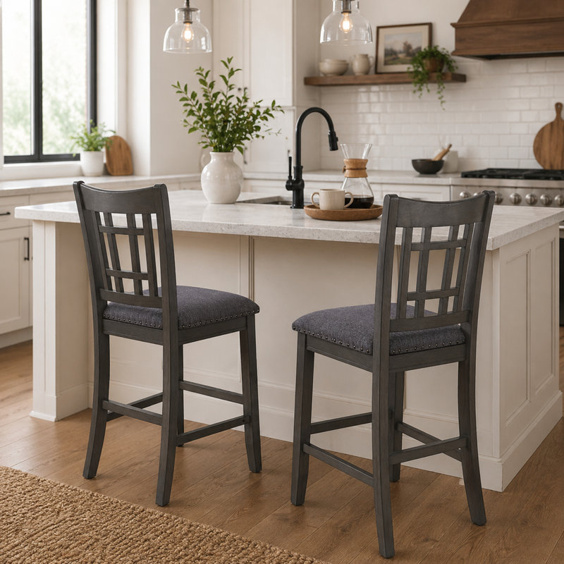 2 chaises de bar de salle à manger à hauteur de comptoir et siège rembourré à garniture cloutée avec îlot de cuisine et siège en bois de 24 po gris
