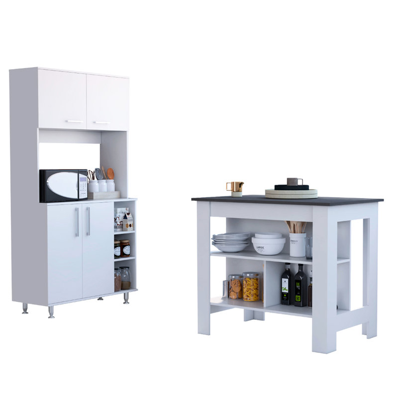 Blanc et îlot de cuisine et garde-manger. Divertissez en toute joie. 3 tablettes basses sur l'îlot. Tablettes de rangement en miel Rails de construction en bois - Armoire