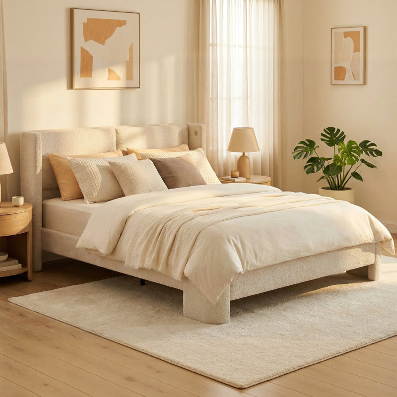 Upholstered Platform Bed with Wingback Headboard, USB Ports and Wooden Slats, Queen