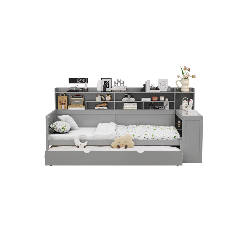  Twin Daybed with Storage Shelves, Multi-Functional Bed with Trundle and Study Desk, Grey, Twin