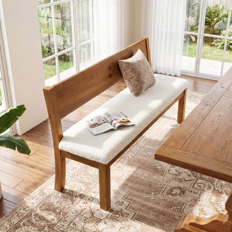 Banc de hall d'entrée rembourré 55,12 po avec dossier et structure en bois massif, banc de salle à manger pour couloirs, salles à manger et chambres à coucher