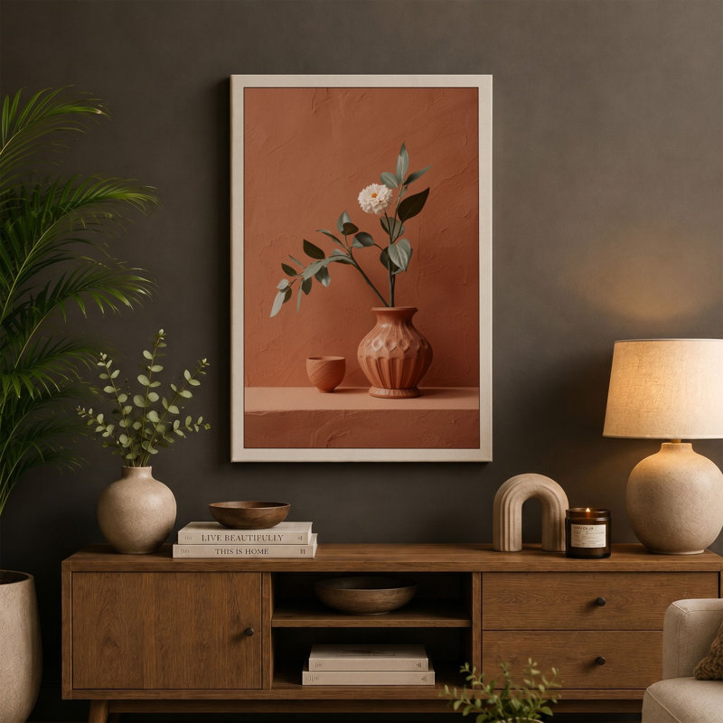Single Branch in Terracotta Minimalist - Wrapped Canvas, 24x16 - 61.0 x 40.6 cm, Ochre Border