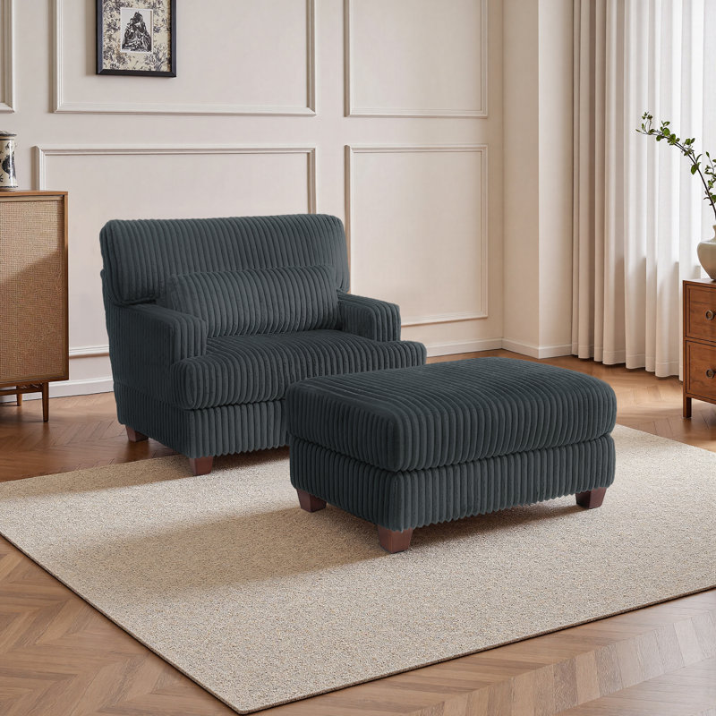 Ermia Modern Faux Fur Chaise Lounge Chair with Movable Ottoman and Pillow, Dark Gray Foam Padding