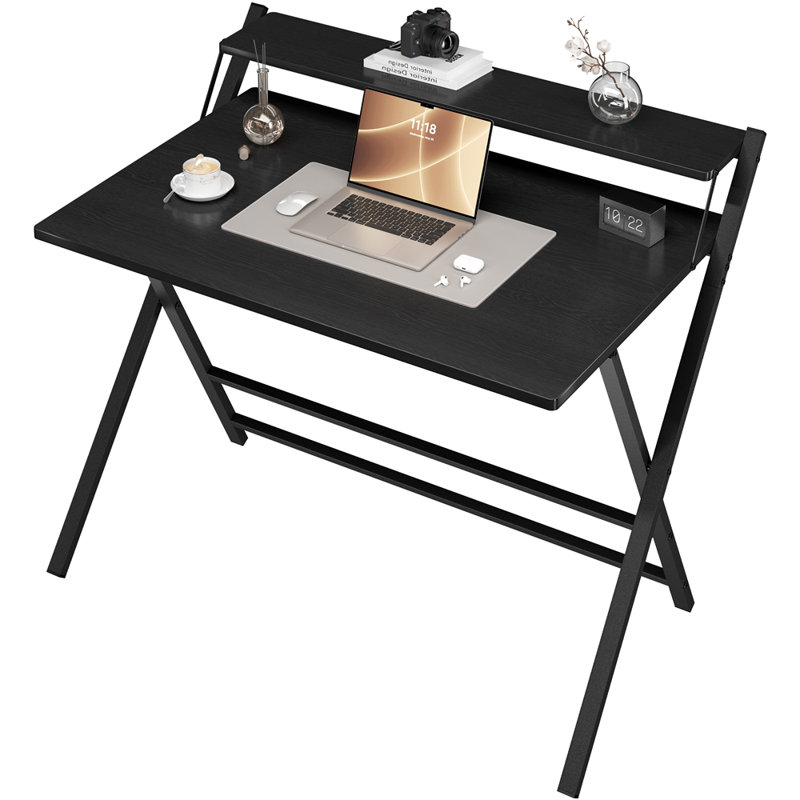 2-Tier Foldable Computer Desk, Black, 90cm. H x 106.5cm. W x 60.5cm. D