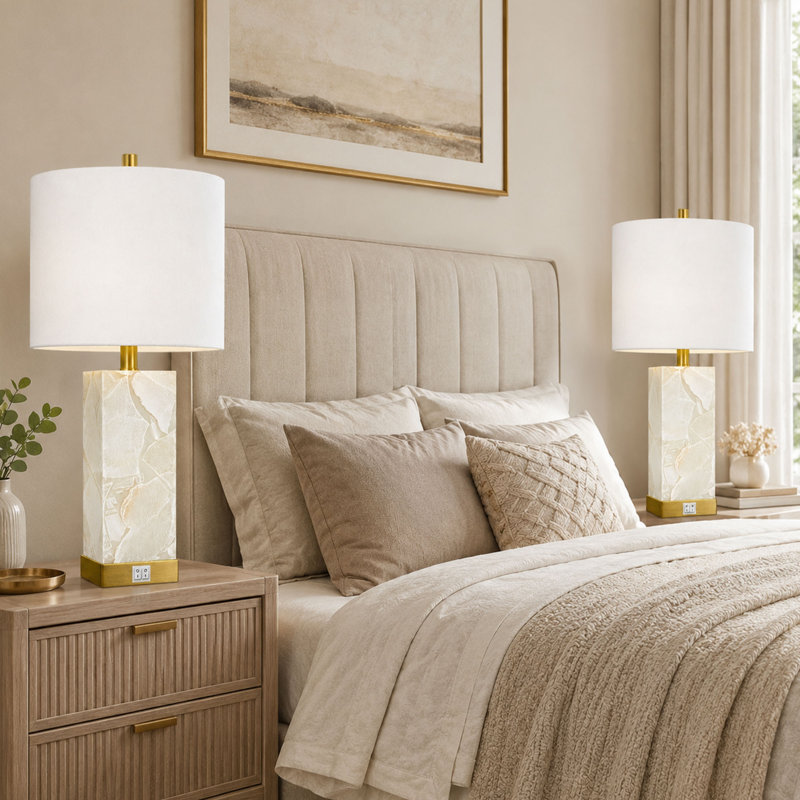 23 Inch Alabaster Table Lamp Set with USB Charging Ports