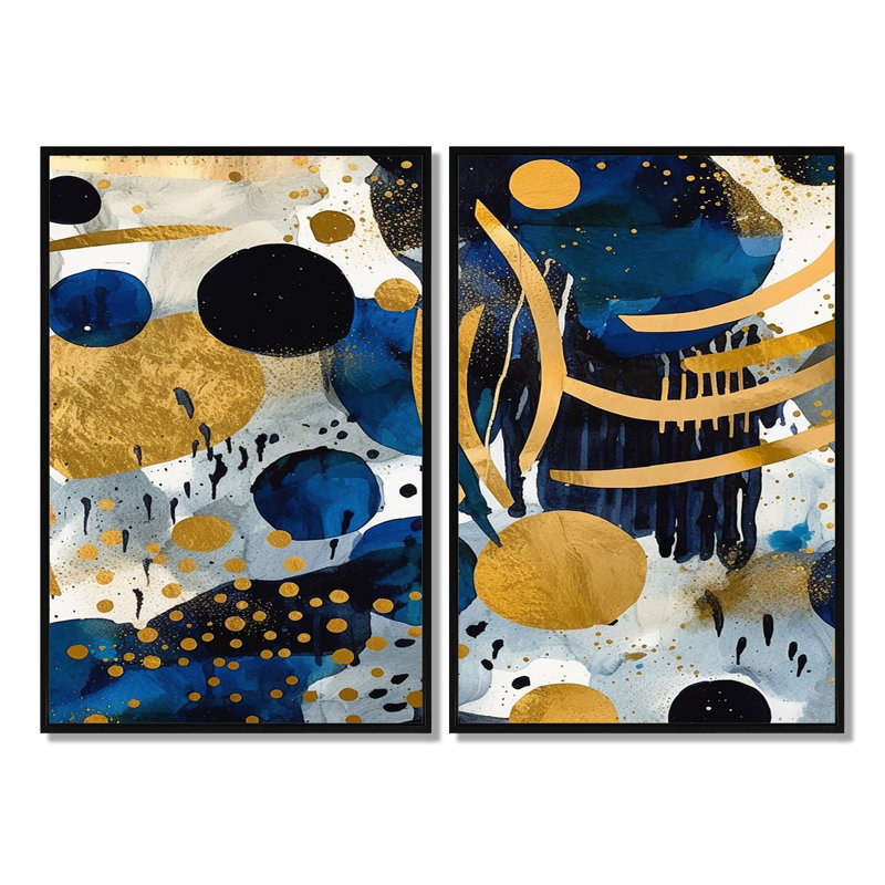 Motif abstrait avec textures bleues et dorées XIXème - Art mural moderne bleu 2 panneaux, Black, 36" H x 48" W