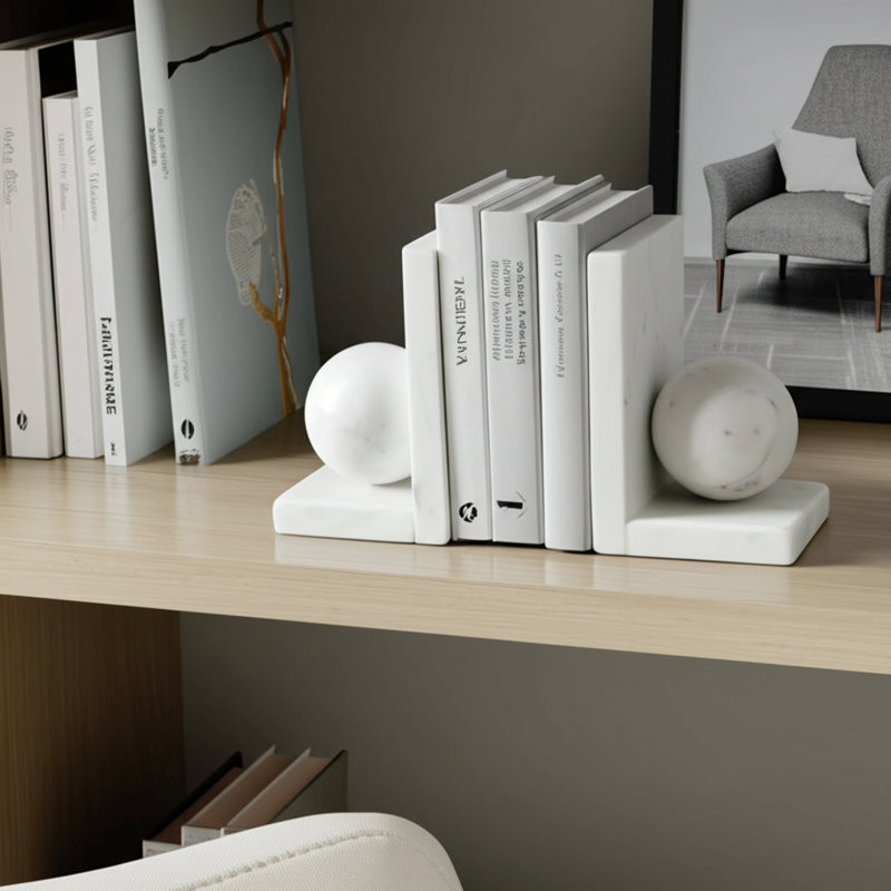 Set Of 2 6" Marble Bookend With 3" Orb, White