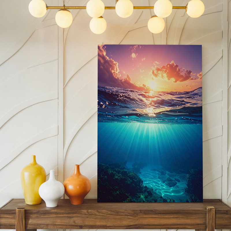 Art mural au-dessus et au-dessous de l'océan Canvassplit Point de vue coucher de soleil et toile sous-marine prête à être accrochée à la galerie