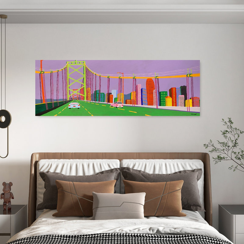 «Vibrant City Bridge Skyline», art moderne coloré de l'architecture de la ville, H 20 po x l 60 po