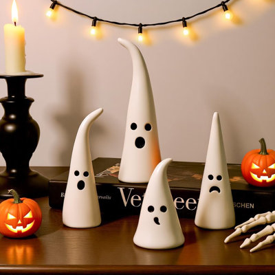 Halloween Ceramic Ghost Figurine: 4 pcs Cute White Ghosts Decorations, Small Statue With Pointy Tops, Spooky Farmhouse Table Tiered Tray Fireplace Decor for Kids Home