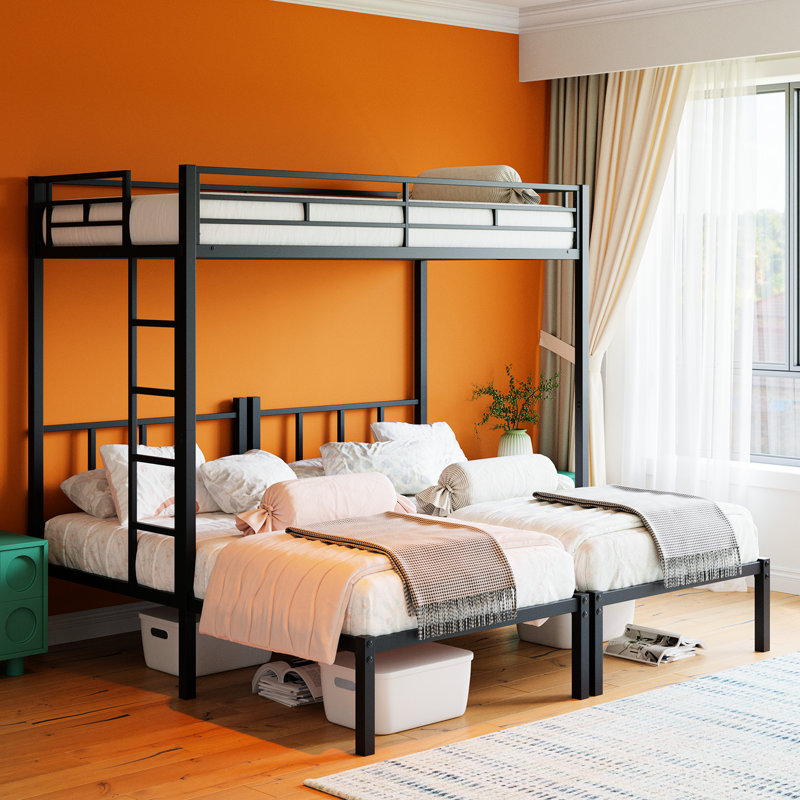 Lit simple au-dessus d'un lit superposé, conception en métal triple convertible 31, avec garde-corps et sans sommier, idéal pour un décor de plusieurs chambres à coucher, noir, convertible facile à 3 lits, assemblage approprié