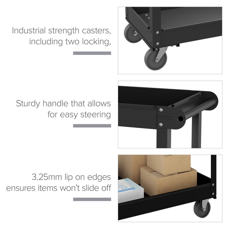 Black Steel 2-Shelf Utility Cart with Raised Lip
