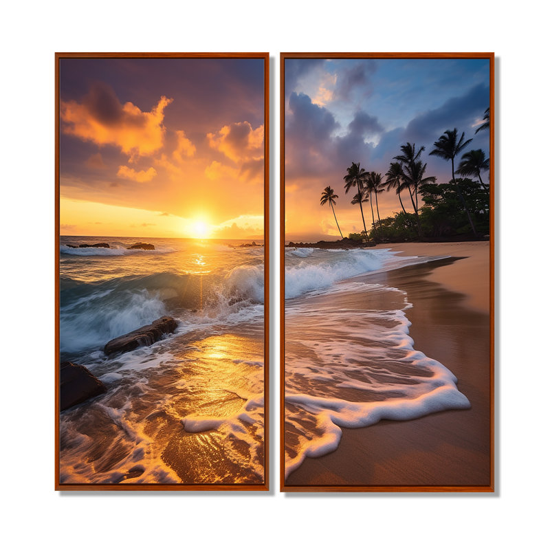 Plage, coucher de soleil, sérénade, art mural jaune, 32" H x 32" W, Impression encadrée flottante, Brown