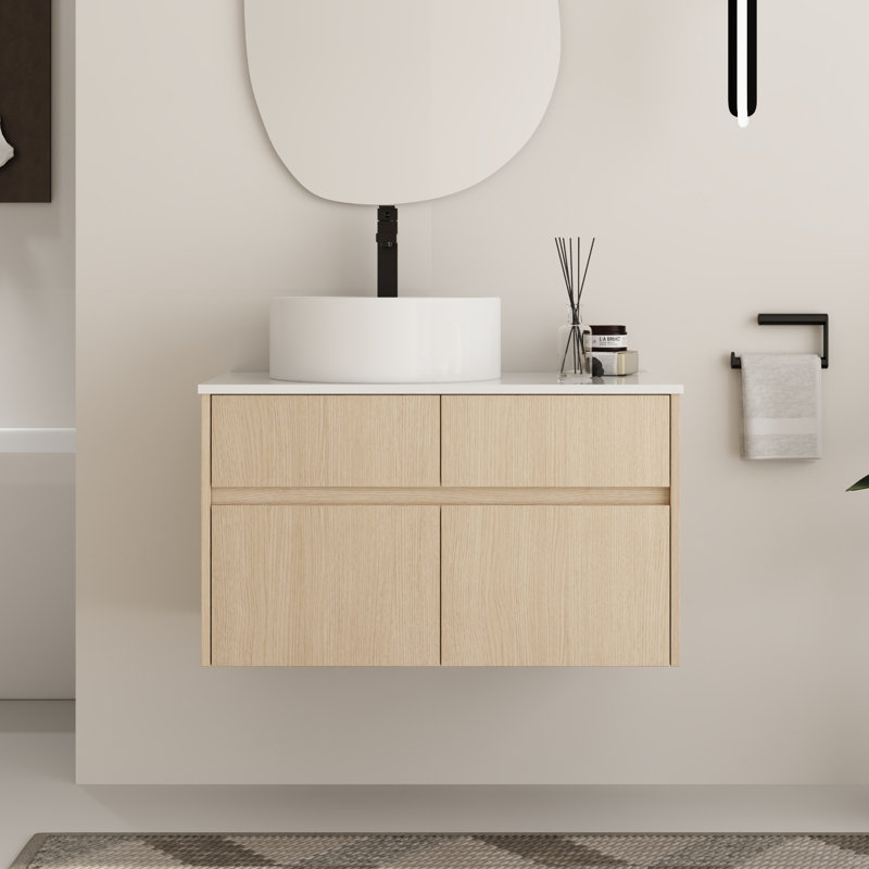 Ensemble de meuble-lavabo mural simple 32 po avec plateau en céramique Zephric, Rond, Chêne blanc
