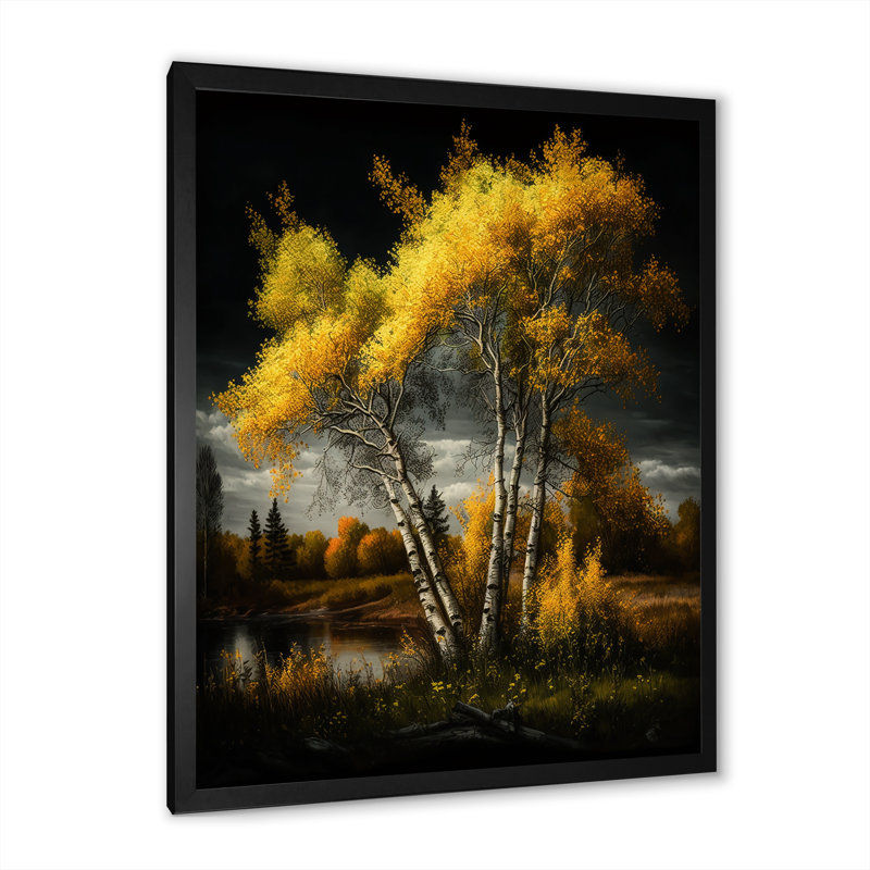 «Yellow Birches By The Riverside II», reproduction sur toile, Toile avec cadre photo noir, H 32 po x l 16 po x P 1 po
