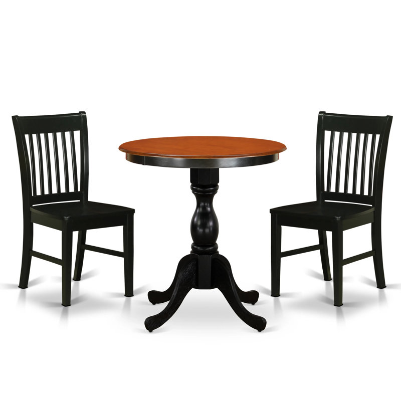 3 Piece Dining Room Table Set Contains a Round Dining Table with Pedestal and 2 Wood Seat Chairs, 30x30 Inch, Black & Cherry