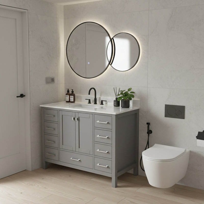 Meuble-lavabo sur pied 48 po, meuble-lavabo autoportant avec comptoir, armoire de rangement en bois massif gris