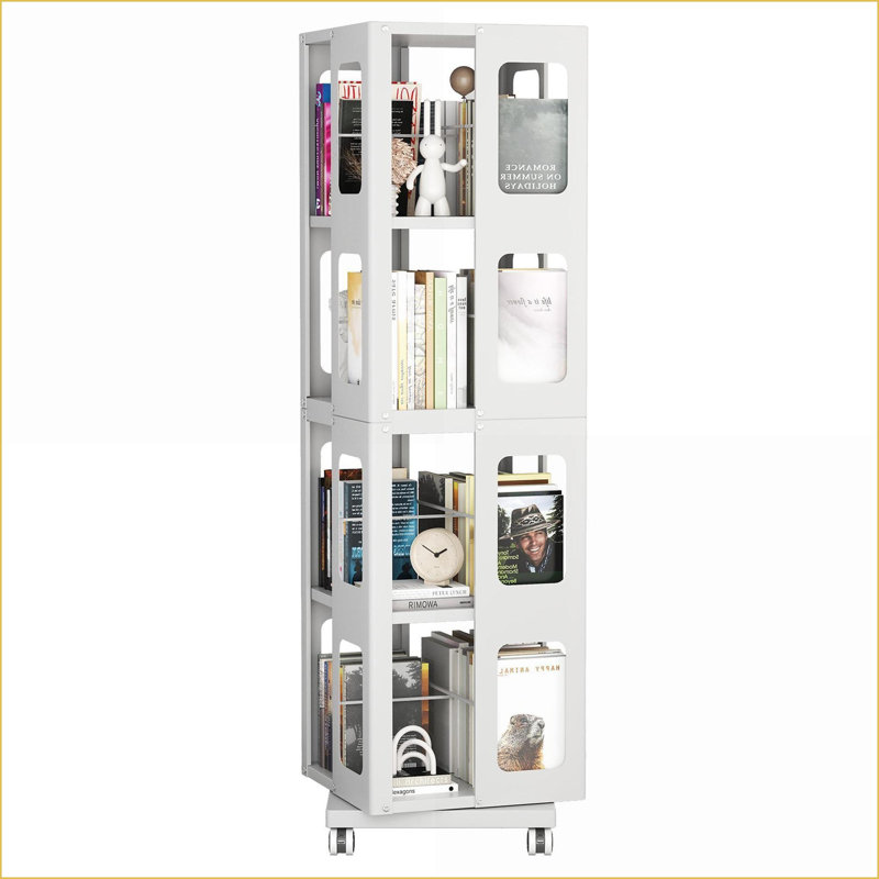 Bibliothèque moderne à 4 niveaux entièrement pivotante à 360 ° avec roulettes | Blanc neige | Acier, Blanc