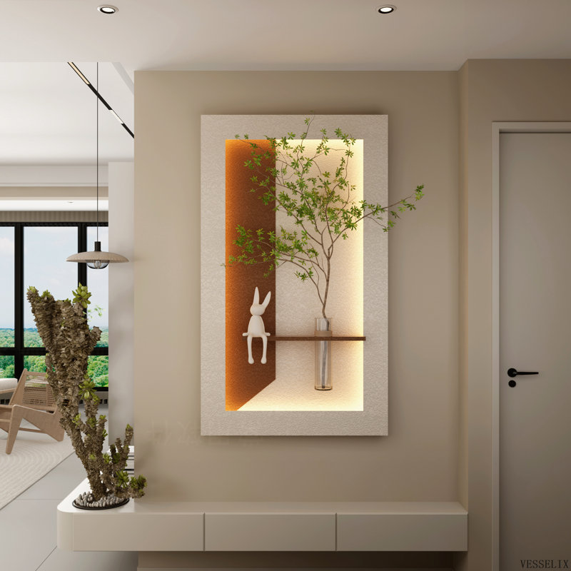 Décoration murale en grès avec éclairage DEL 3 couleurs réglable, plantes artificielles, vase en verre et statue de lapin