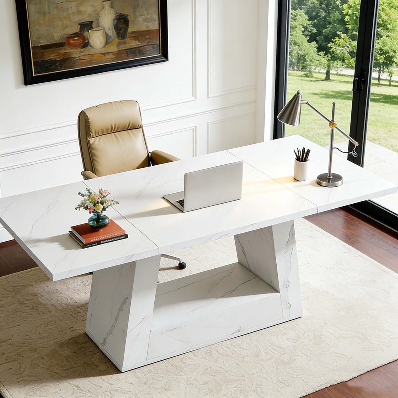 Faux Marble Wood Executive Computer Desk for Office, White