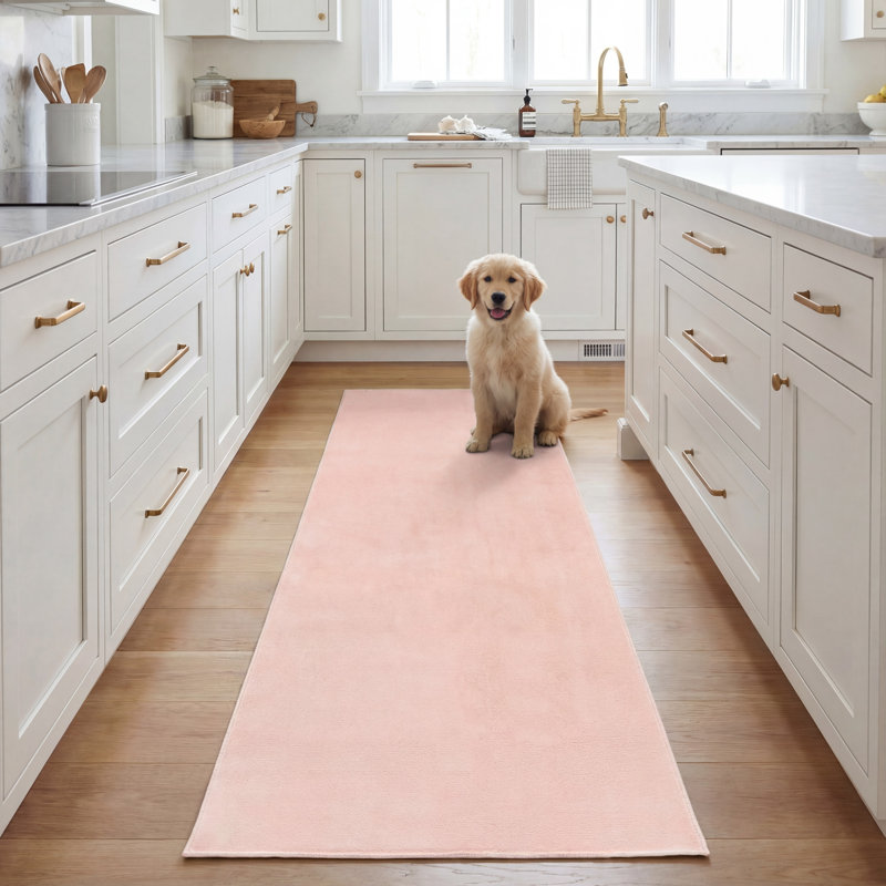 Tapis uni en polyester tissé à la machine couleur pêche, Tapis de couloir 2 pi 3 po x 8 pi