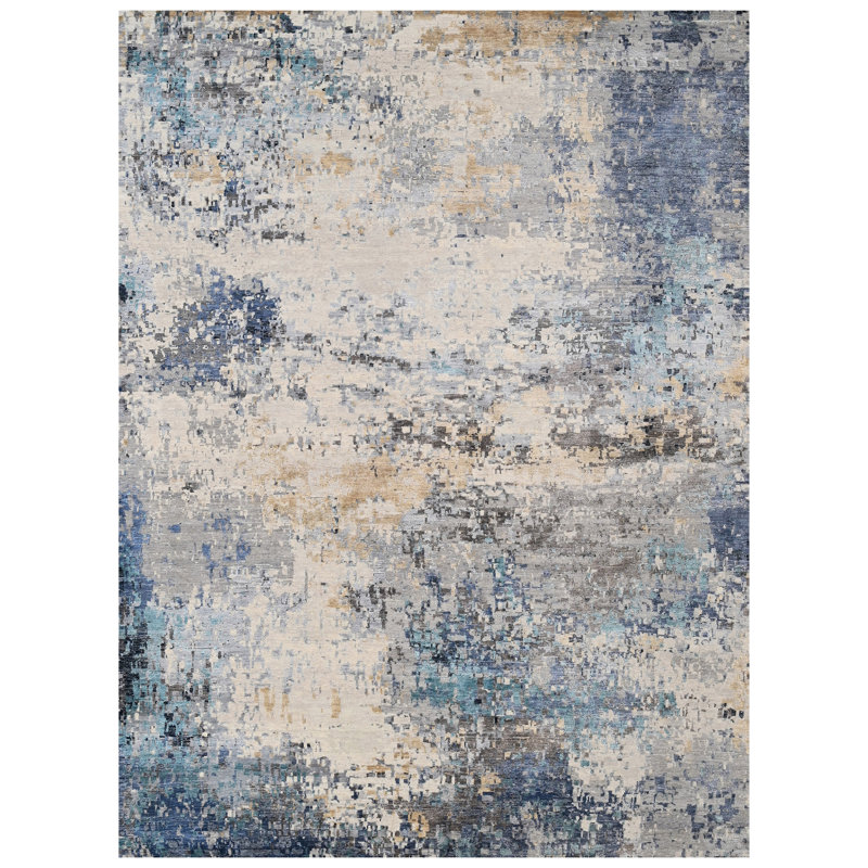 Tapis argenté et bleu noué à la main de haute qualité, Rectangle 9 pi x 12 pi