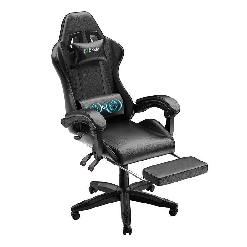 Ergonomic Game Chair with Massage Lumbar Support and Footrest Swivel, Black