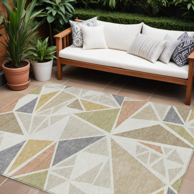 9' X 12' Ivory Geometric Washable Indoor Outdoor Area Rug
