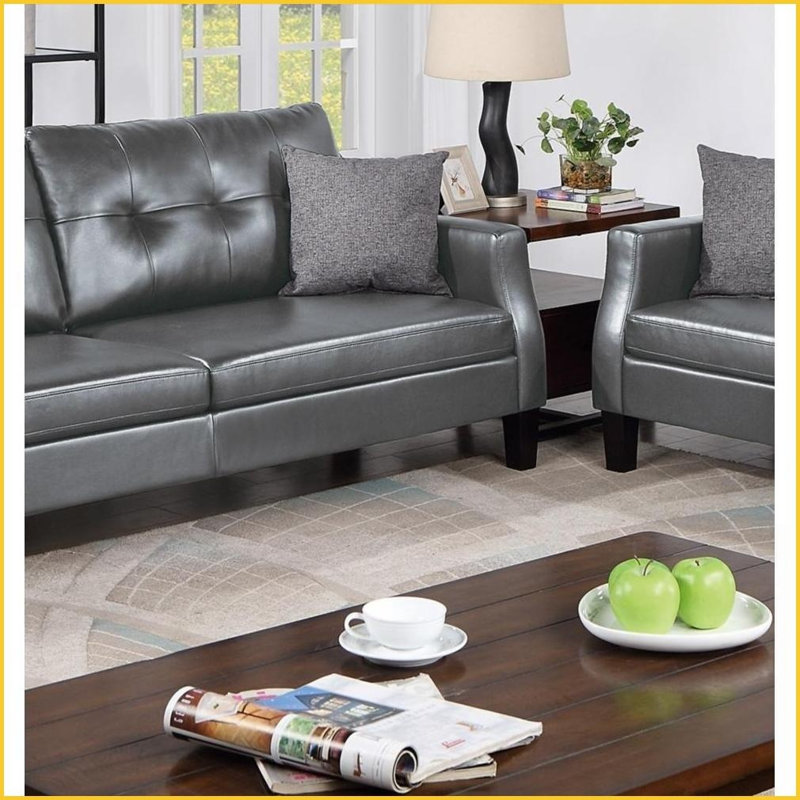 Canapé contemporain 2 pièces en similicuir gris Ensemble de causeuse - capitonné avec coussins pour le salon | Gris | Similicuir | Bois