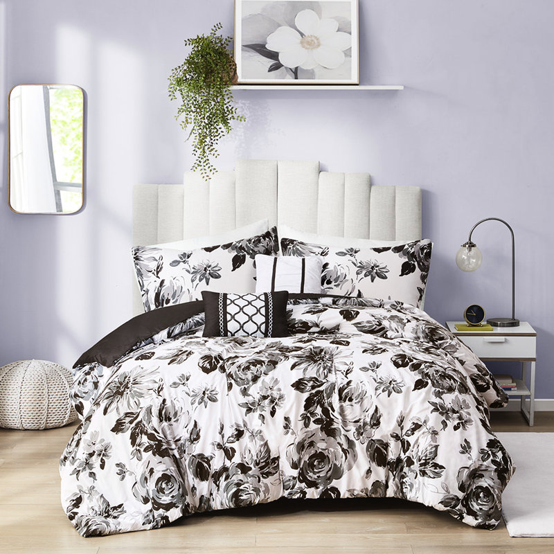 Grand édredon à motif floral noir et blanc, microfibre douce, 2 taies décoratives assorties, coussins carrés, motif lavable double / grand lavable à la machine