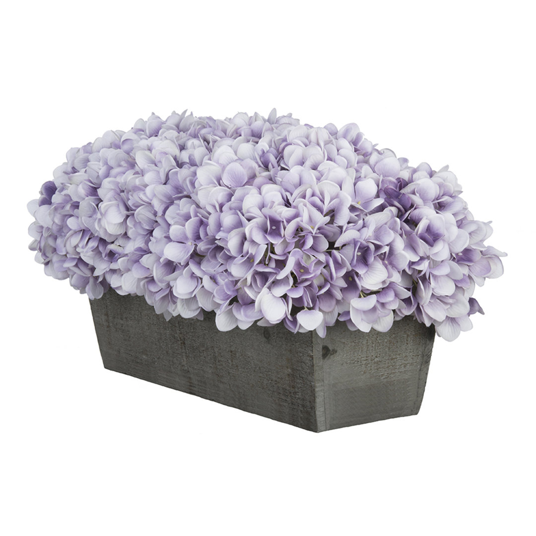 Synthetic Fabric Hydrangea Arrangement in Planter Primrue Flower Color: Lavender, Base Color: Black