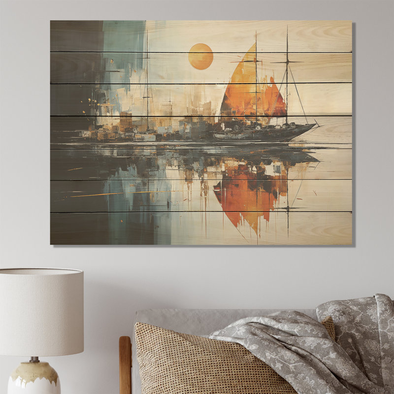 «Moonlight Saiboat Collage Horizon III» - Bateau à voile sur bois, H 10 po x l 20 po