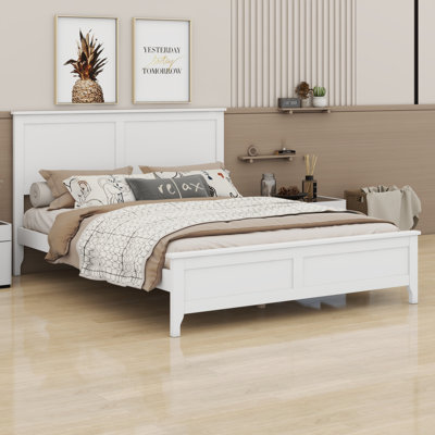 Solid Wood Platform Bed With Sturdy Wooden Slats Support And Panel Headboard