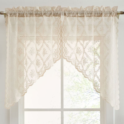 Hayson Floral Rod Pocket Lace Short Cafe Swags for Small Windows - 28 x 36 Inch Length - Set of 2