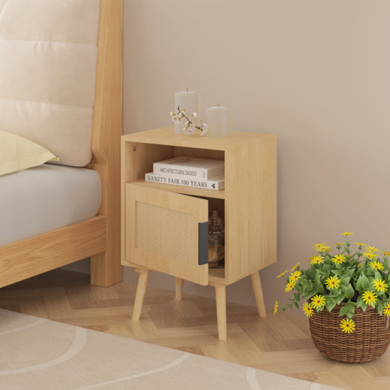 Rattan Nightstand, Side Table With Door Open Shelf,  Accent Bedside End Table With Solid Wood Legs For Bedroom, Dorm And Small Spaces