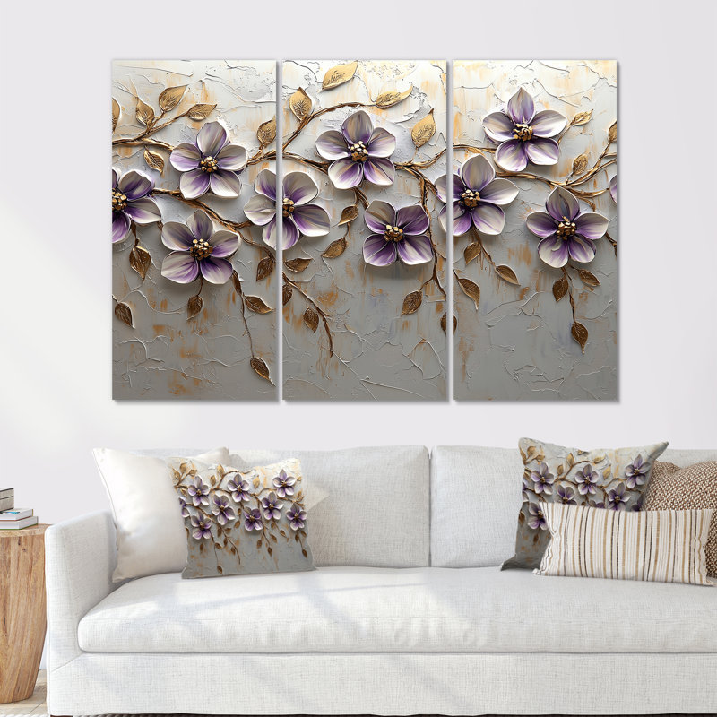 «Mauve fleuri», ensemble de reproductions d'art lilas, Toile tendue, H 40 po x l 60 po x P 1 po