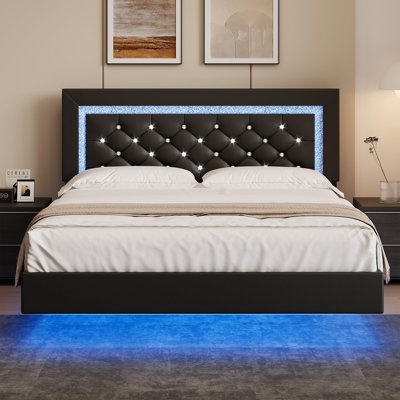 Ensemble de meubles de chambre à coucher modernes à DEL - Lit flottant et 2 tables de chevet à DEL avec station de charge