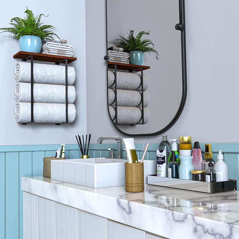 Porte-serviettes mural avec tablette en bois