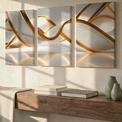 3 Pieces Exculisive Champagne Gold Ribbon Waves Luxe Modern Abstract Wall Art, Modern Canvas Decor for Living Room, Bedroom, Office and Home