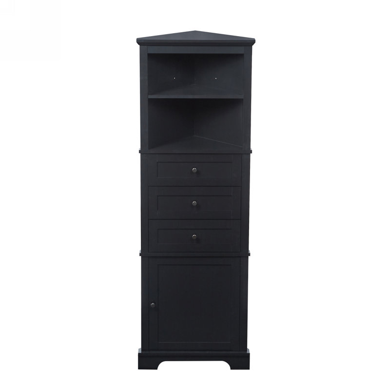 Armoire haute noire triangulaire avec 3 tiroirs et tablettes réglables pour la salle de bain, Noir