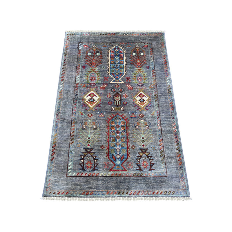 Gris brumeux 2 pi 9 po x 4 pi 2 po, teinture végétale, laine pure, super kazak afghan avec motif gul du Caucase, noué à la main, échantillon, tapis, tapis oriental