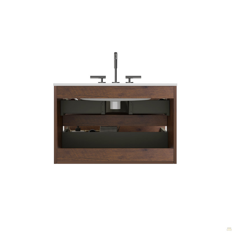 Meuble-lavabo mural en noyer de 30 po avec lavabo en céramique avec trois trous de robinet, grand meuble-lavabo flottant de rangement pour salle de bain moderne, lavabo une pièce sans drain, pré-assemblé