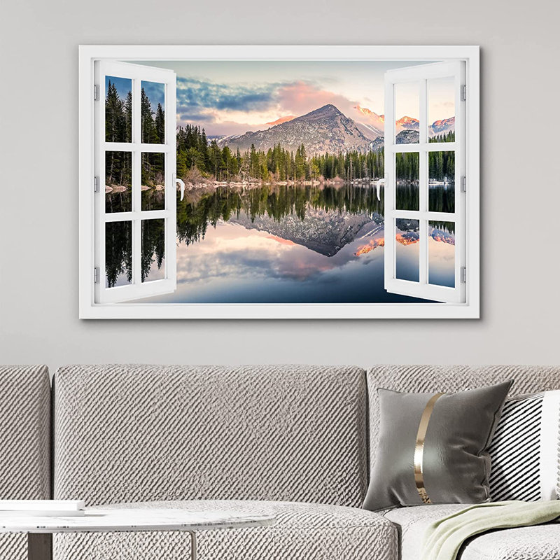 IDÉE4WALL, reproduction d'art sur toile, fenêtre, pastel, montagne, reflet, nature, photographie, réalisme, paysage rustique, coloré, multicolore, décor pour le salon, la chambre à coucher, le bureau