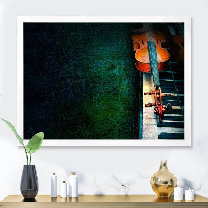 Abstrait violon sur le piano - décoration murale moderne en toile, H 44 po x l 34 po x P 1,5 po, Cadre photo blanc
