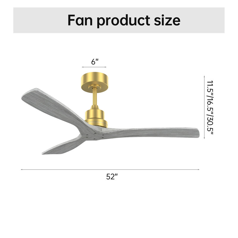 52 Inch Indoor Ceiling Fan Without Light 3 Solid Wood Blades Remote Control Reversible DC Motor