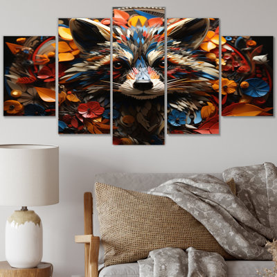 Curious Raccoon Collage III - Animals Canvas Art Print - 5 Panels