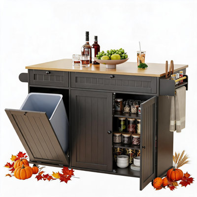 55" Rolling Kitchen Island Cart with Storage – Collapsible Drop Leaf, Spice Rack, Towel Holder, Knife Organizer & 10-Gallon Trash Can – Portable Mobile Kitchen Table for Home.