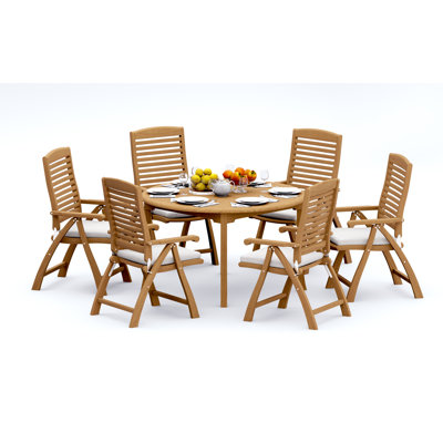 Grade-A Teak Wood Dining Set: Round Table  Ashely Folding Reclining Arm Chairs #11AS1103